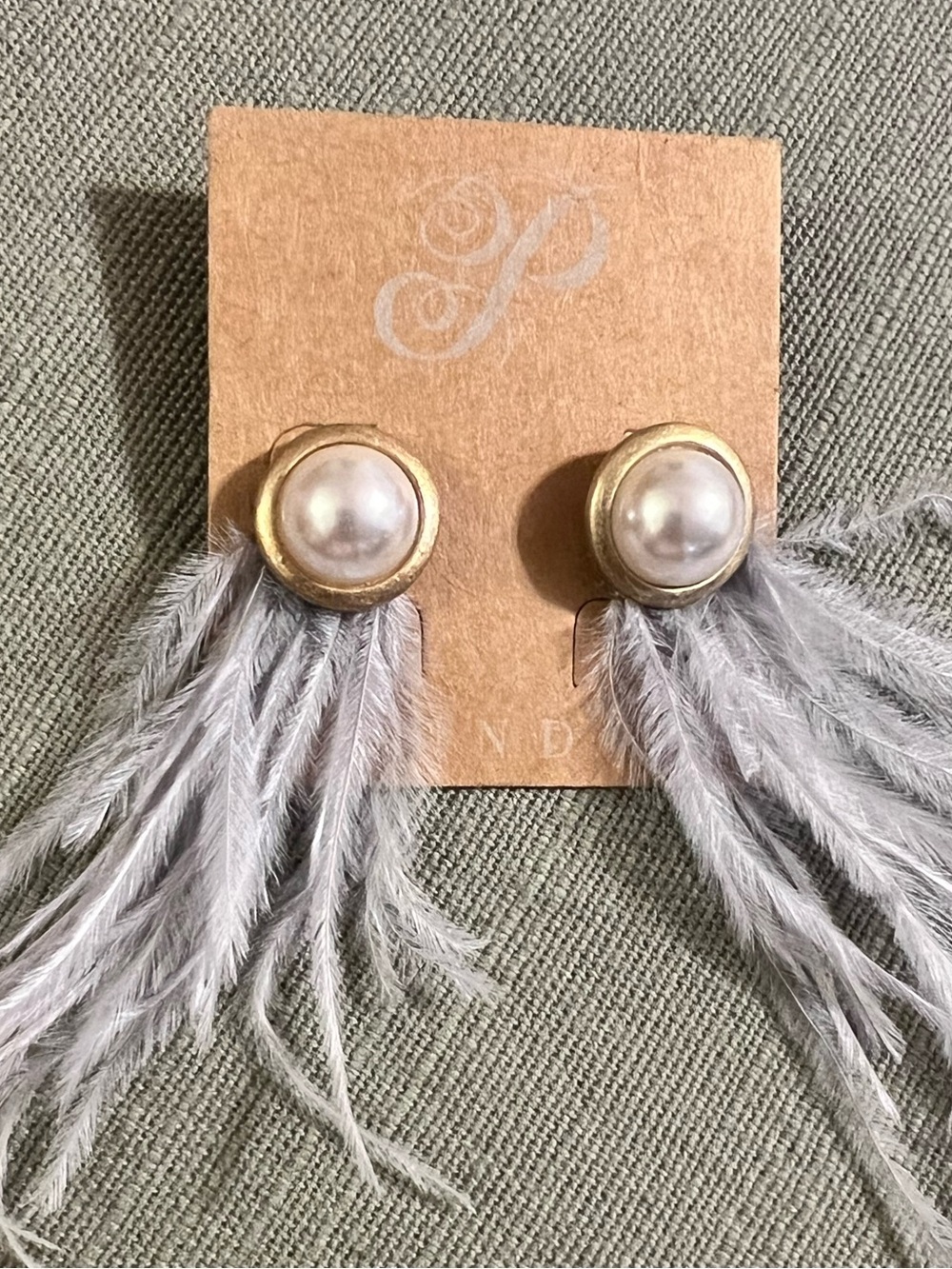 Gray feather earrings with pearl accents Plunder New
